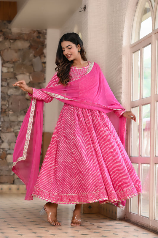 Pink Traditional Leheriya-Bandhej Cotton Dress