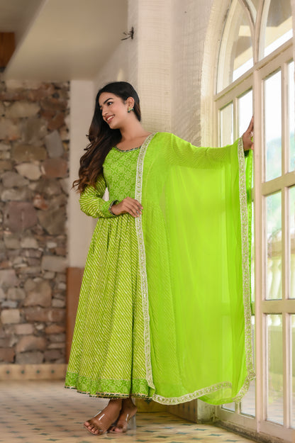 Light Green Traditional Leheriya-Bandhej Cotton Dress