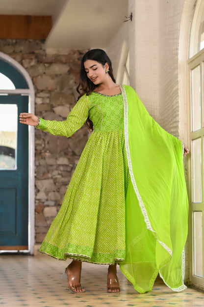 Light Green Traditional Leheriya-Bandhej Cotton Dress