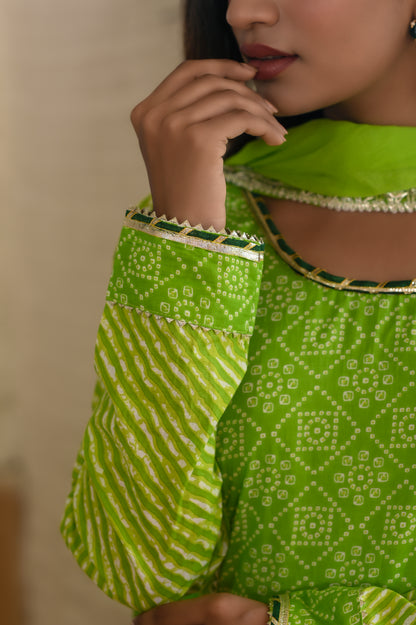 Light Green Traditional Leheriya-Bandhej Cotton Dress