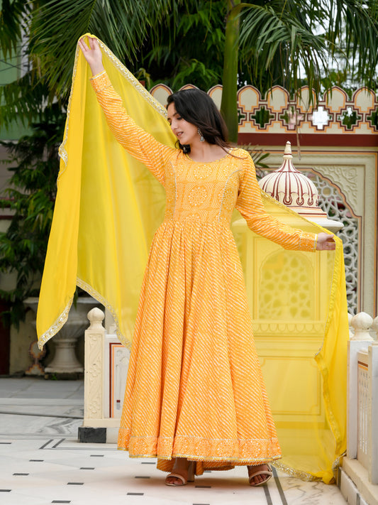 Yellow Leheriya-Bandhej Cotton Dress