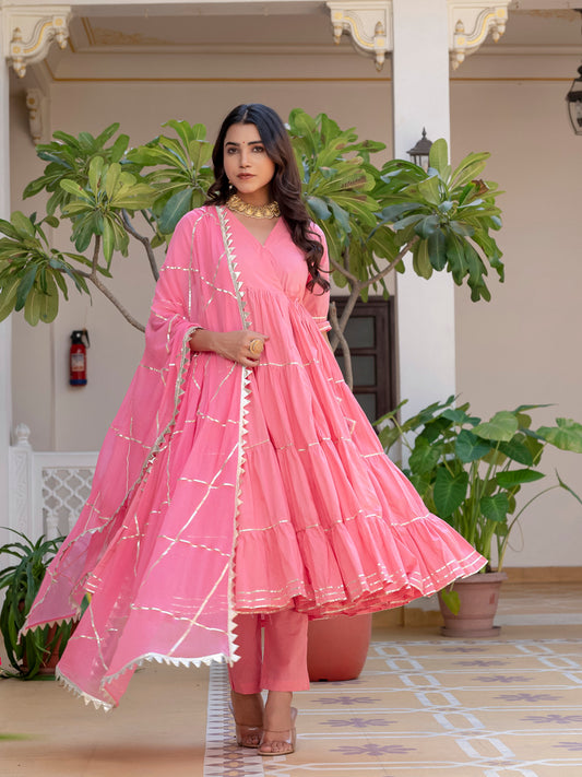 Pink tier Rangrez anarkali angrakha suit set