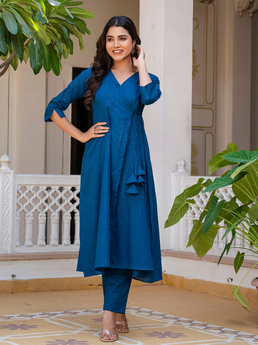 Blue Lurex Angrakha Kurta Set