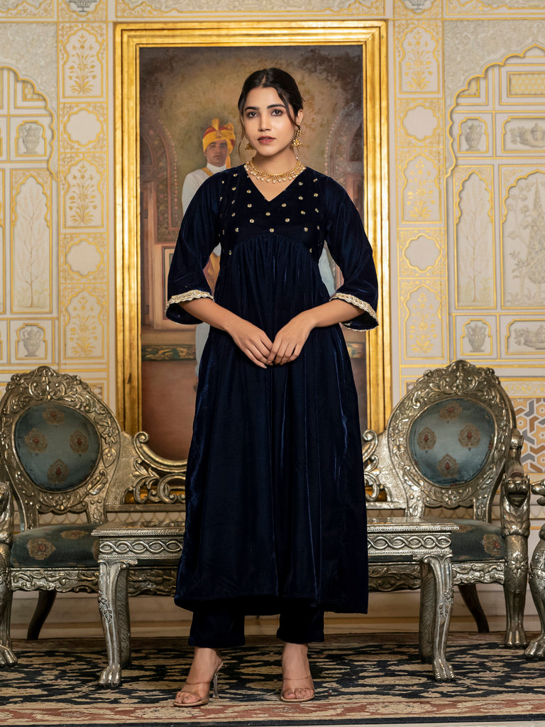 Navy Blue Sequin Velvet Kurta Set