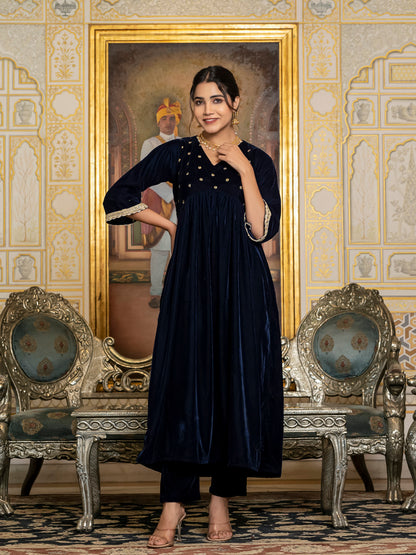 Navy Blue Sequin Velvet Kurta Set