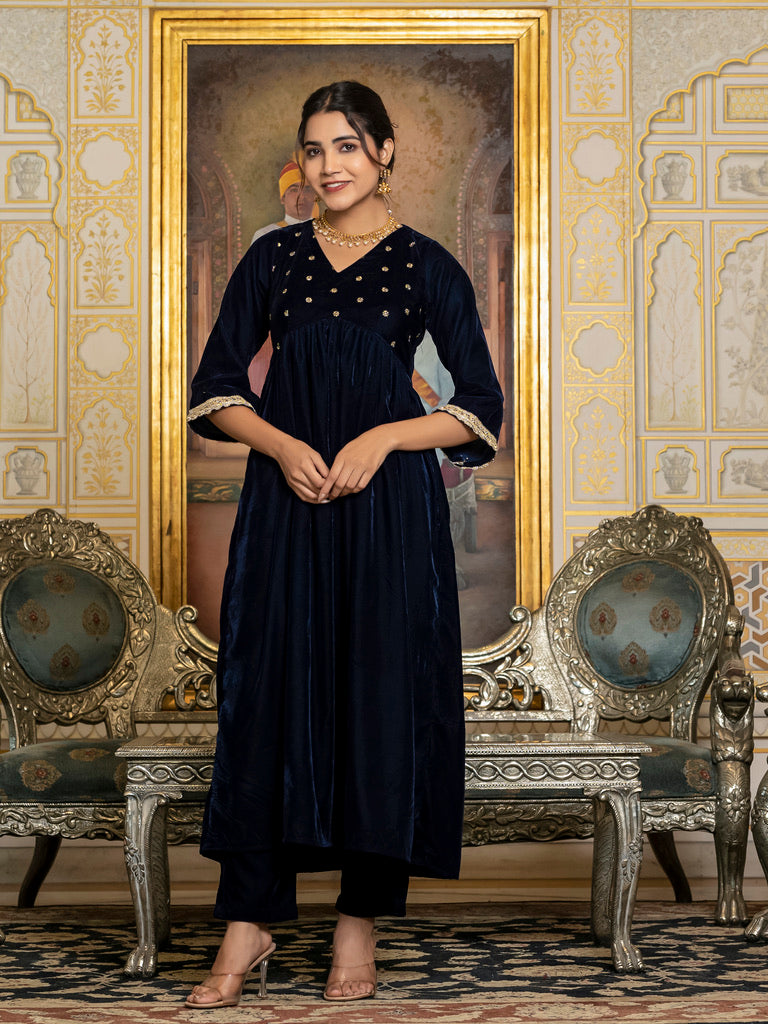 Navy Blue Sequin Velvet Kurta Set