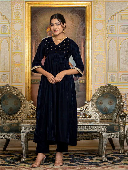 Navy Blue Sequin Velvet Kurta Set