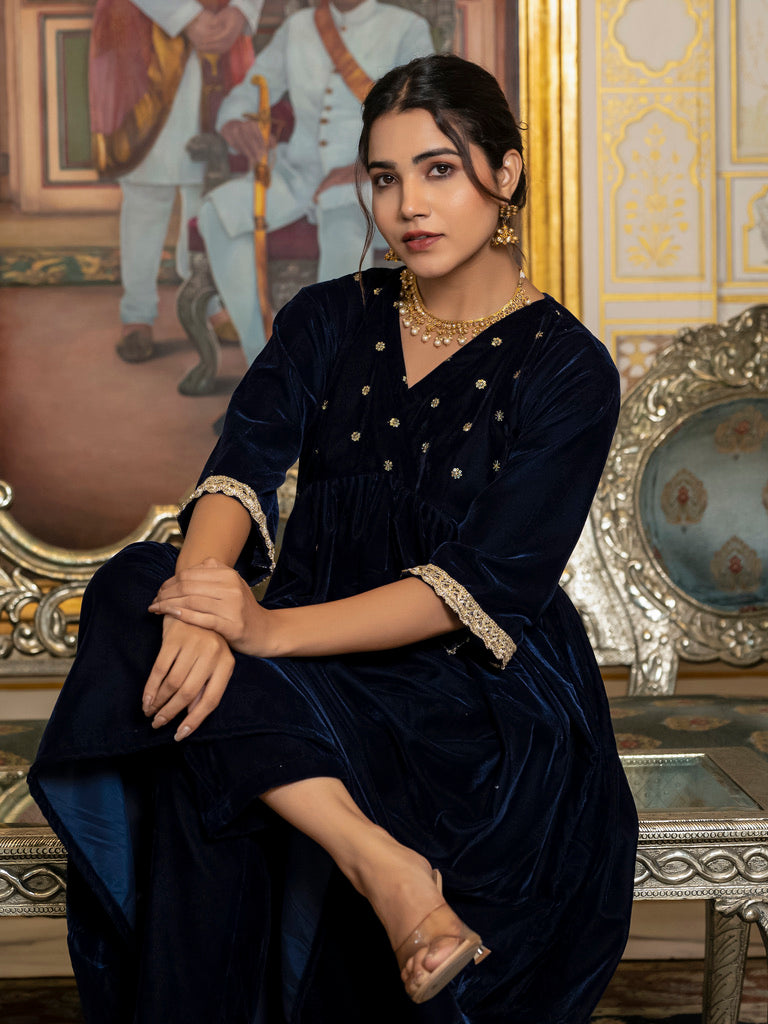 Navy Blue Sequin Velvet Kurta Set