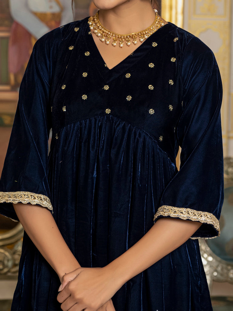 Navy Blue Sequin Velvet Kurta Set