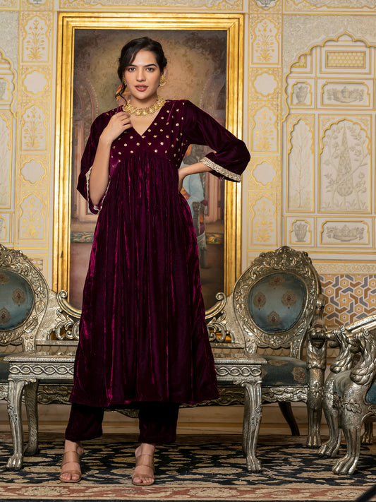 wine sequin velvet kurta set