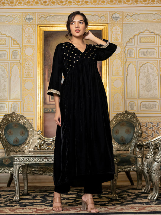 Black Sequin Velvet Kurta Set