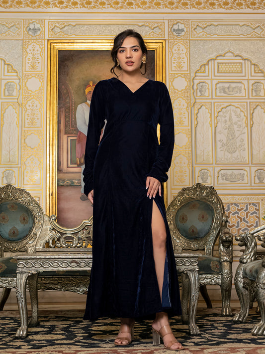 Navy Blue Velvet Slit Dress