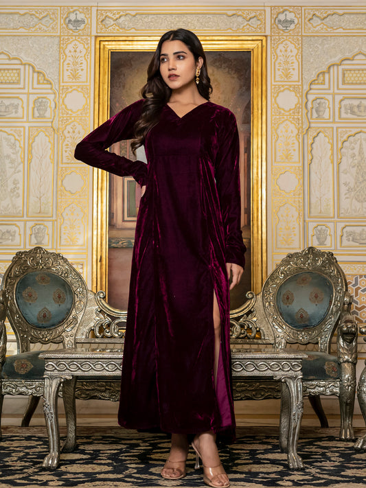 Wine velvet slit dress