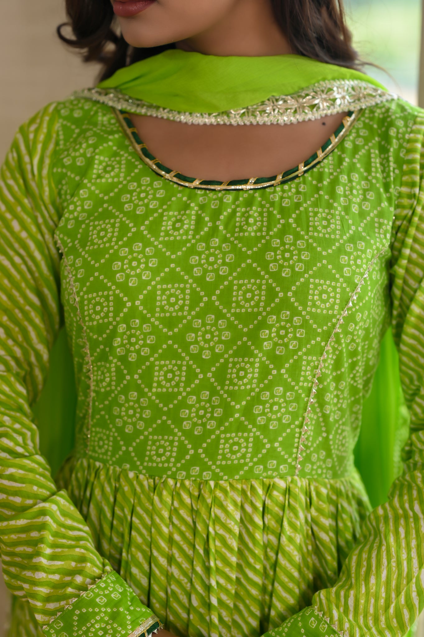 Light Green Traditional Leheriya-Bandhej Cotton Dress