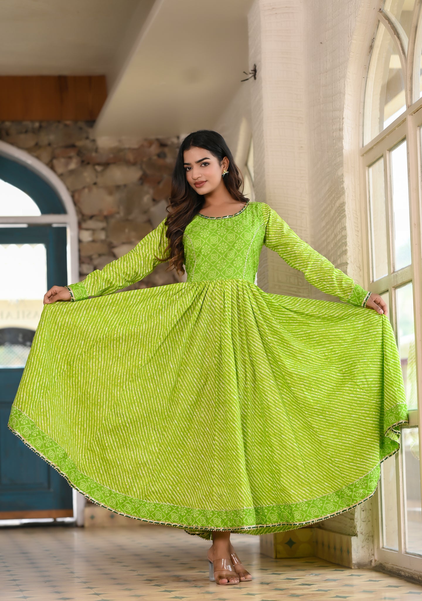 Light Green Traditional Leheriya-Bandhej Cotton Dress